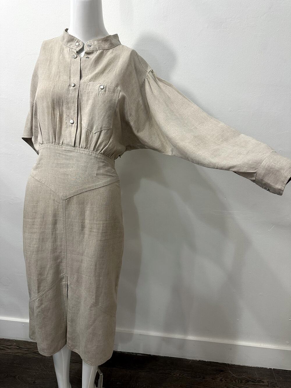 Isabel Marant Étoile Linen Long Sleeve Midi Shirt Dress Beige Women's Size 34